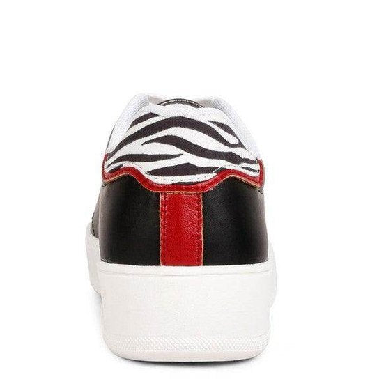 Back view of Rag Company Dory fashion sneakers with black and white zebra pattern and red accents