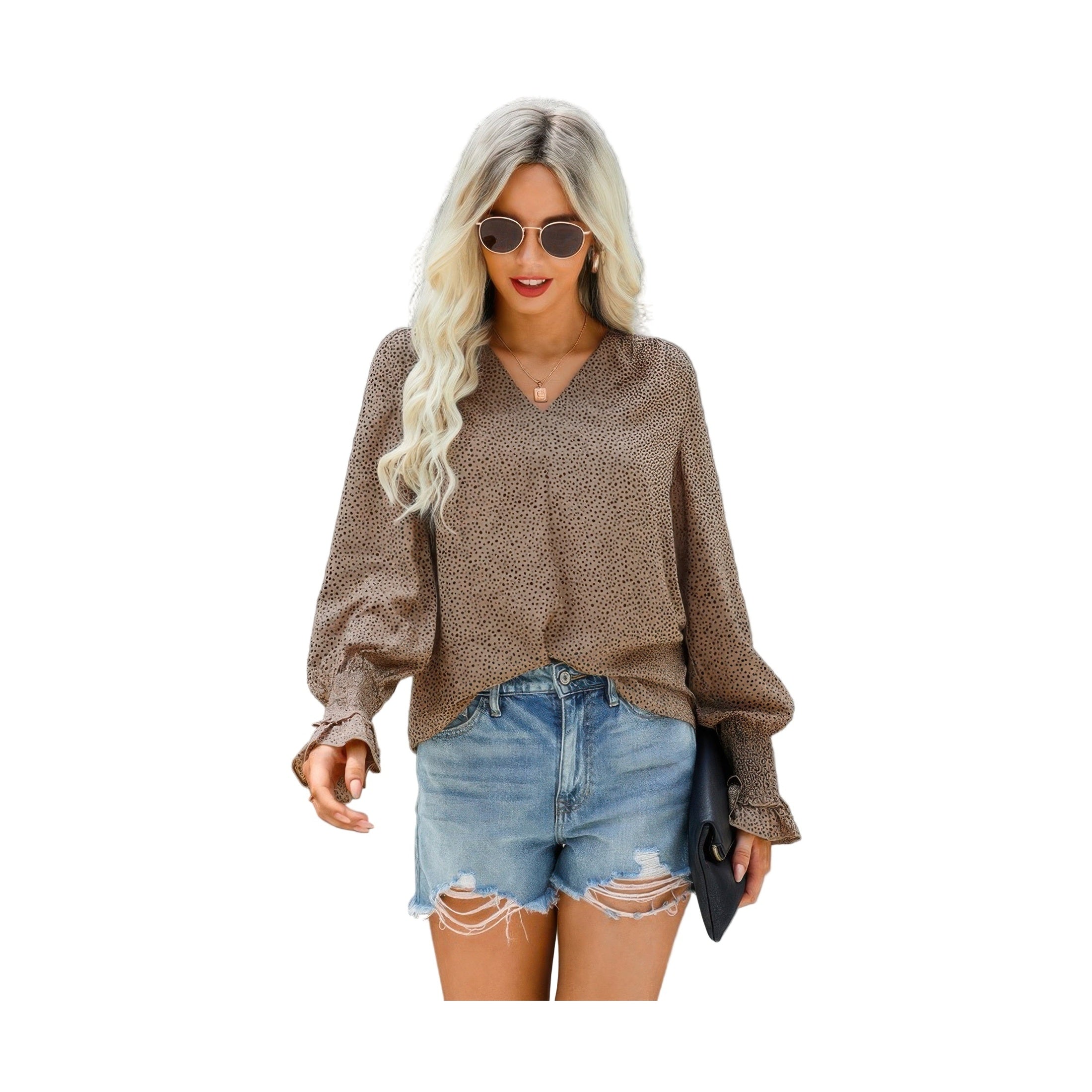 Stylish dot v neck ruffle blouse in brown pairing beautifully with denim shorts