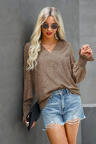 VacationGrabs dot v neck ruffle blouse in brown paired with stylish denim shorts for a casual look