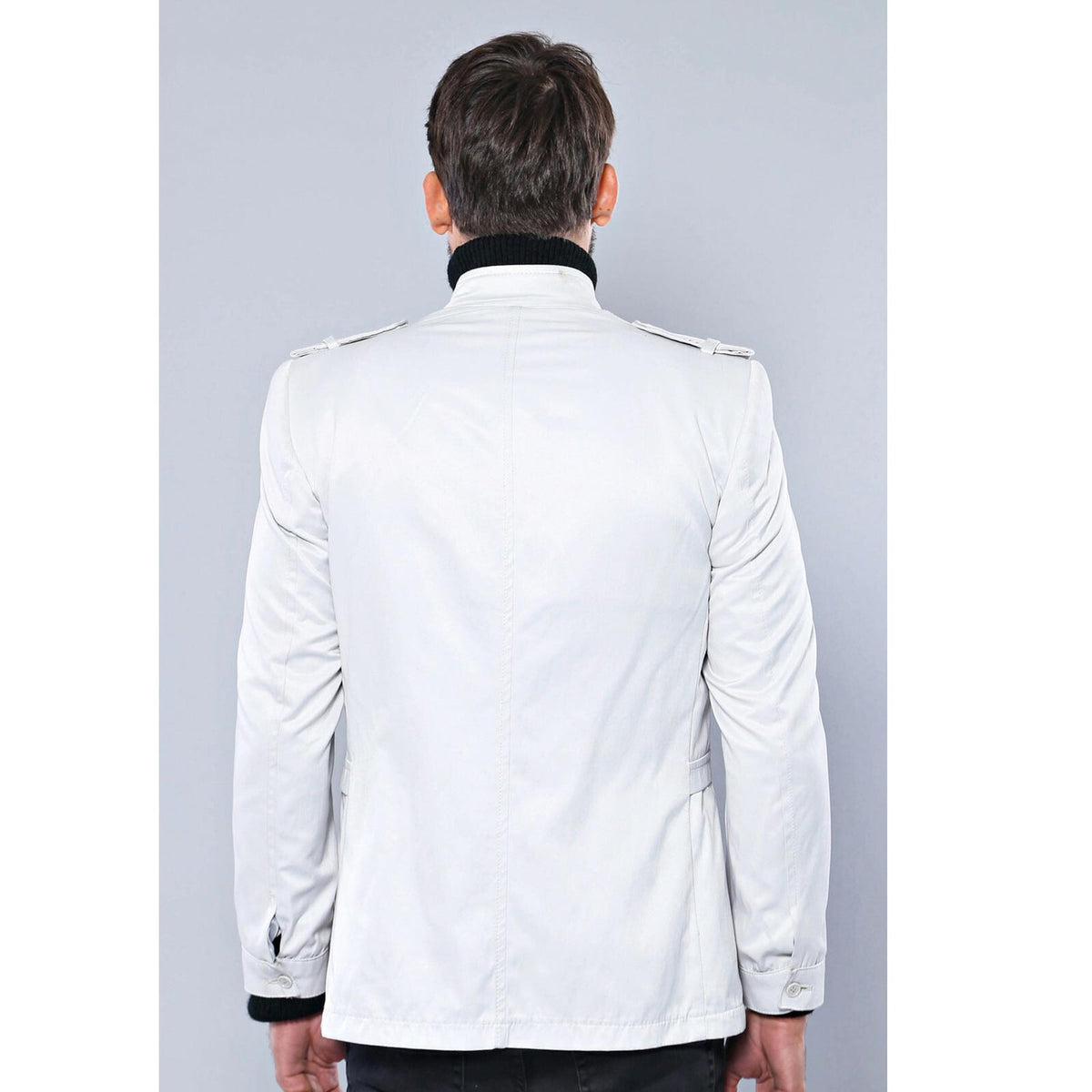 Double Breasted Cream Trench Coat – close up view