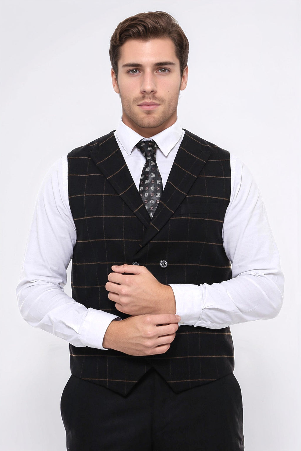 Double Breasted Plaid Black Men Vest – front view
