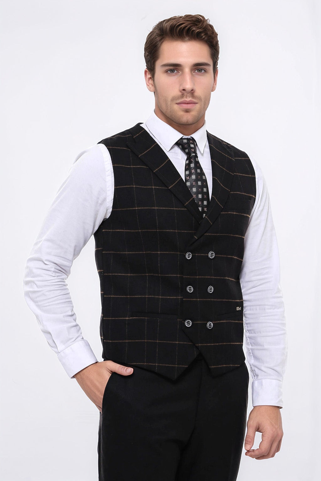 Double Breasted Plaid Black Men Vest – detail view
