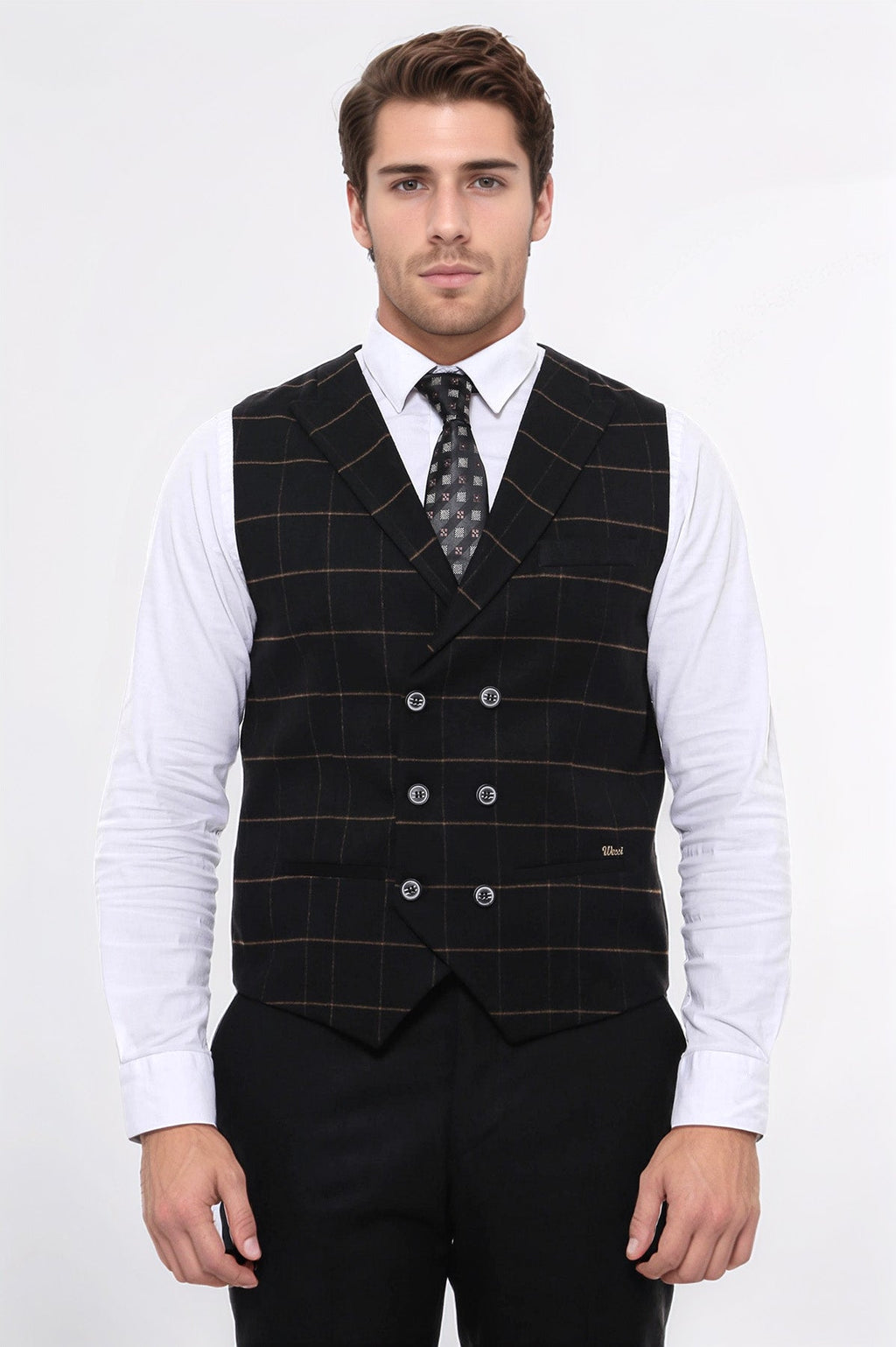 Double Breasted Plaid Black Men Vest – side view