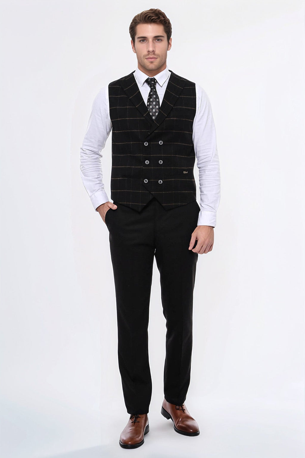 Double Breasted Plaid Black Men Vest – styled view