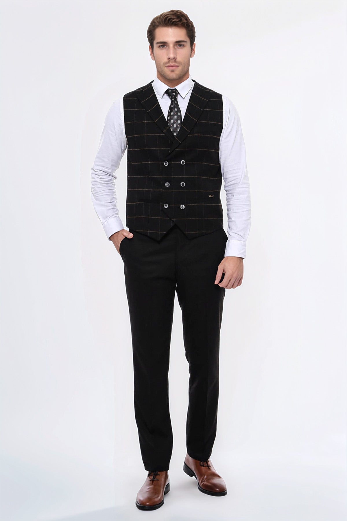 Double Breasted Plaid Black Men Vest – styled view