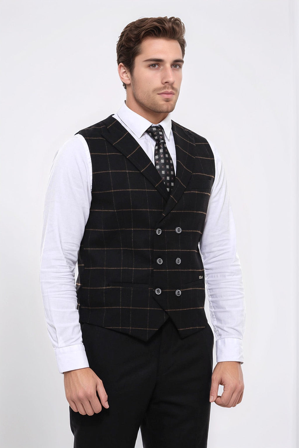 Double Breasted Plaid Black Men Vest – close up view