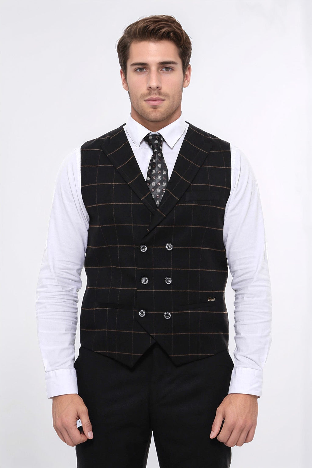 Double Breasted Plaid Black Men Vest – full look view