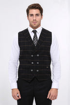 Double Breasted Plaid Black Men Vest – full look view