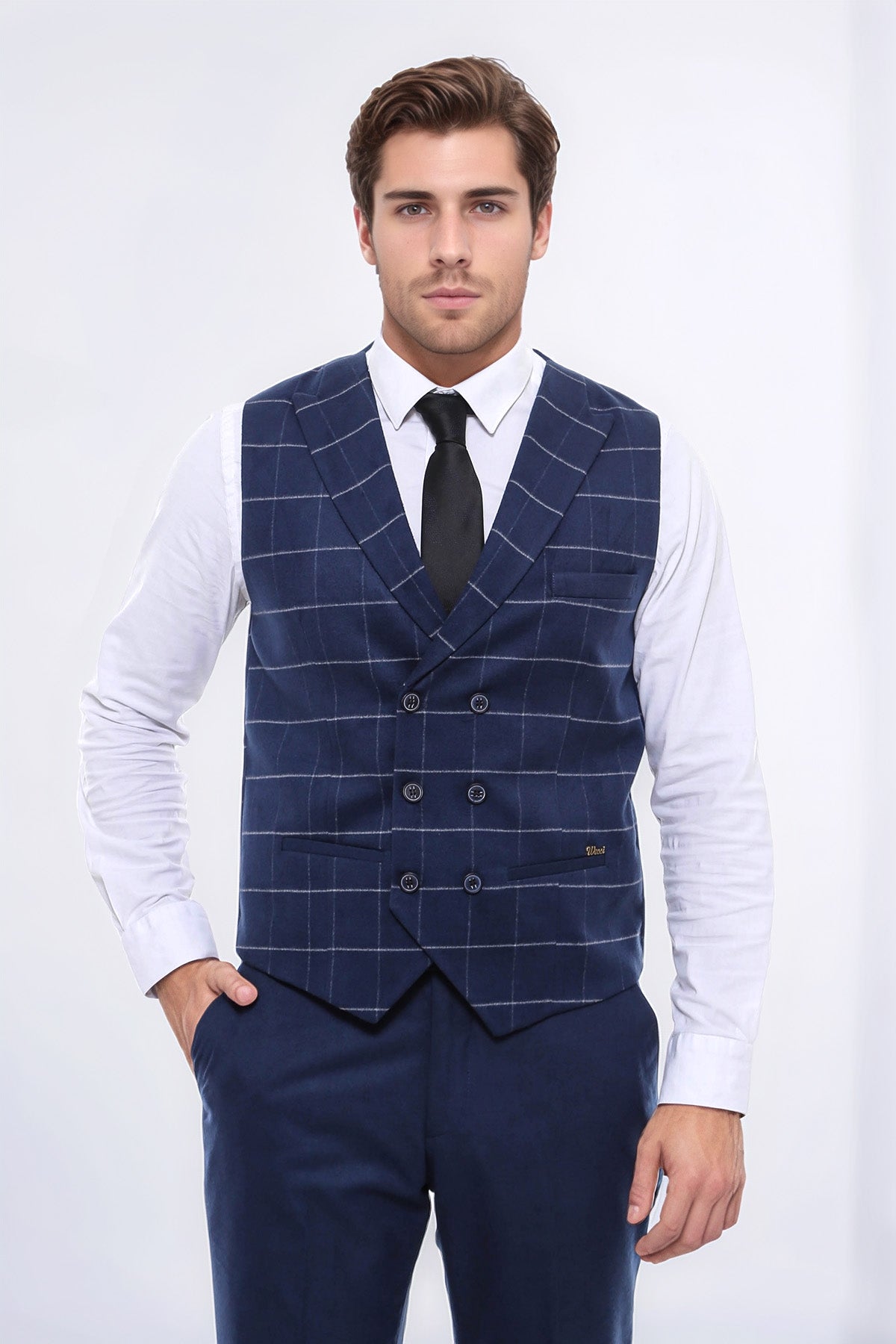 Double Breasted Plaid Blue Men Vest – front view