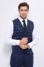 Double Breasted Plaid Blue Men Vest – detail view