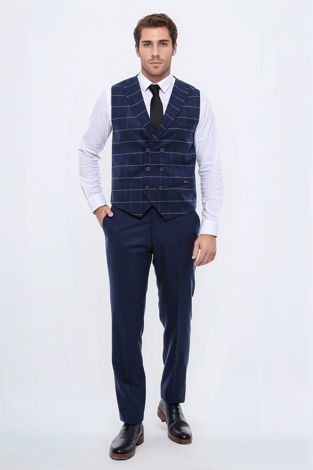 Double Breasted Plaid Blue Men Vest – side view