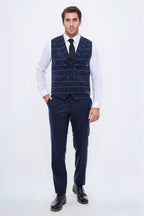 Double Breasted Plaid Blue Men Vest – side view