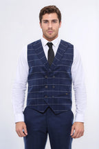 Double Breasted Plaid Blue Men Vest – styled view
