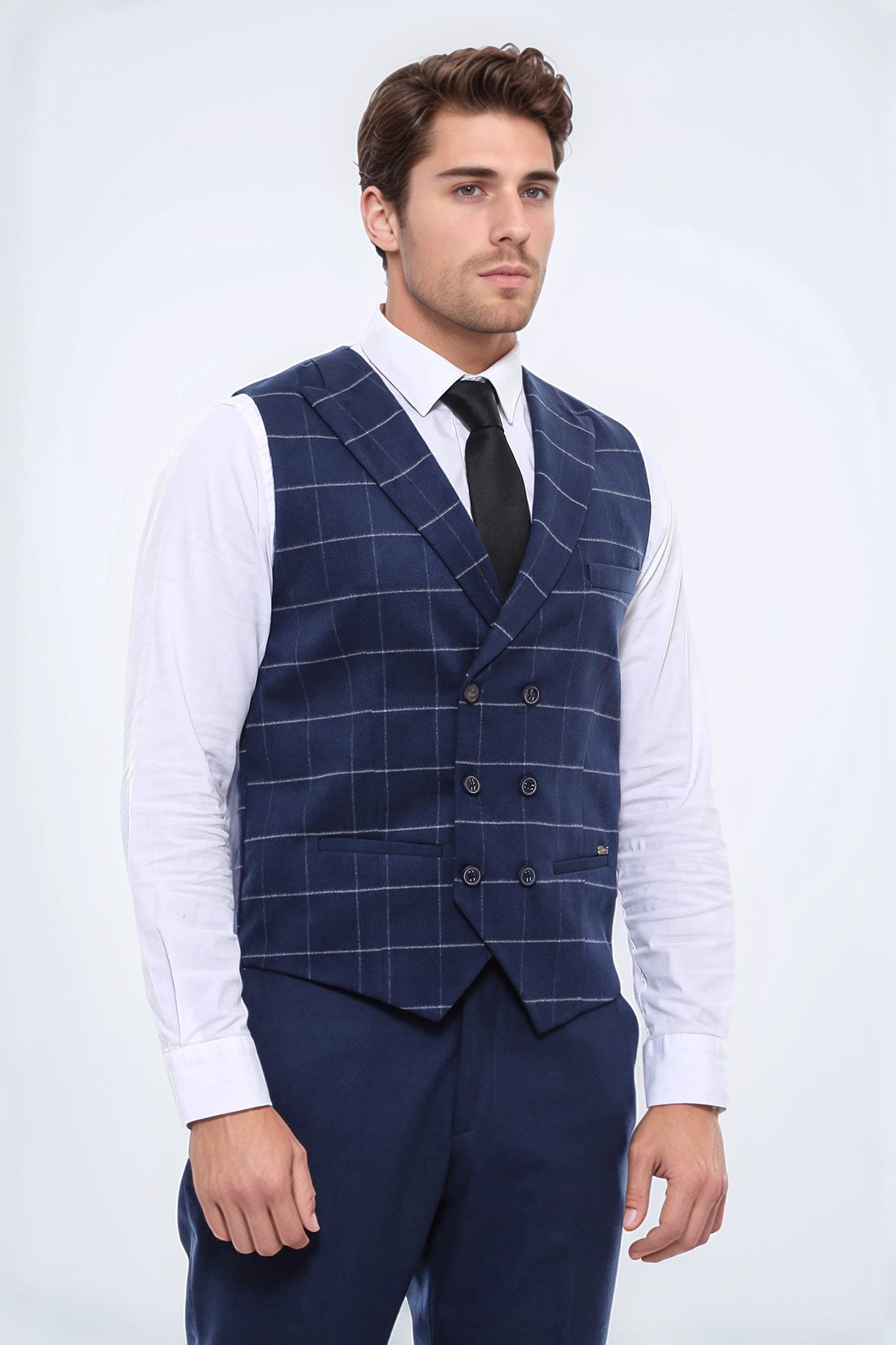 Double Breasted Plaid Blue Men Vest – close up view