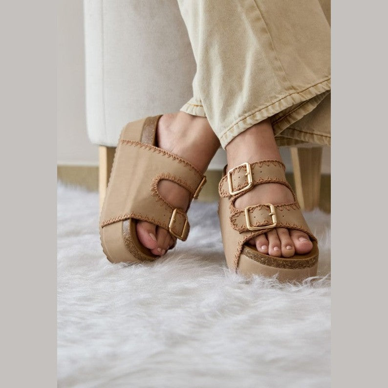 Maker's Shoes women's double buckle slip on shoes in tan with stitched detailing and comfortable soles
