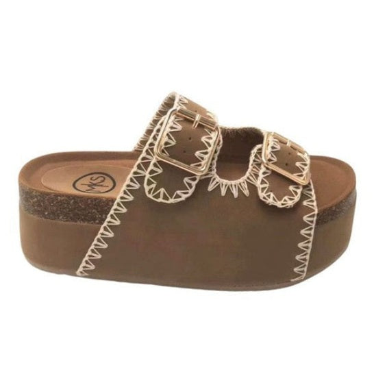 Maker's Shoes women's brown double buckle slip on shoes with white stitching and platform sole