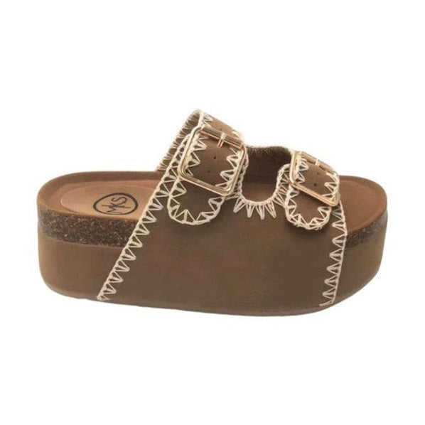 Maker's Shoes women's brown double buckle slip on shoes with white stitching and platform sole