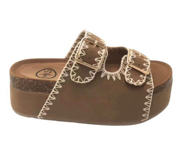 Maker's Shoes women's brown double buckle slip on shoes with white stitching and platform sole