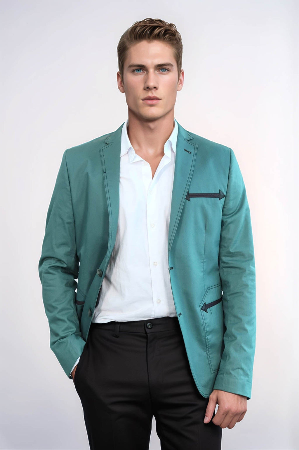Double Button Mono Lapel Bag Pocket Cotton Green Jacket – front view