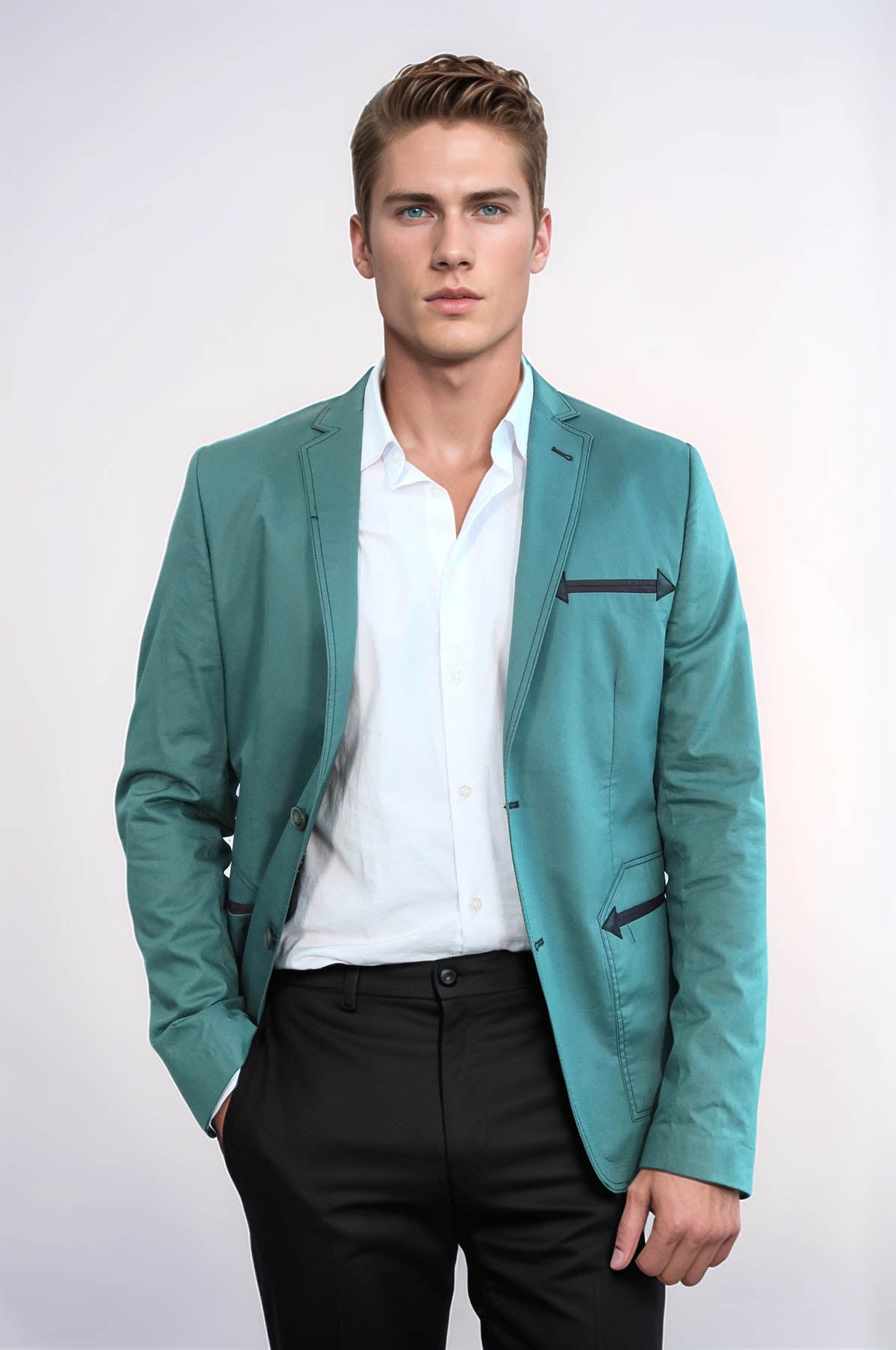 Double Button Mono Lapel Bag Pocket Cotton Green Jacket – front view