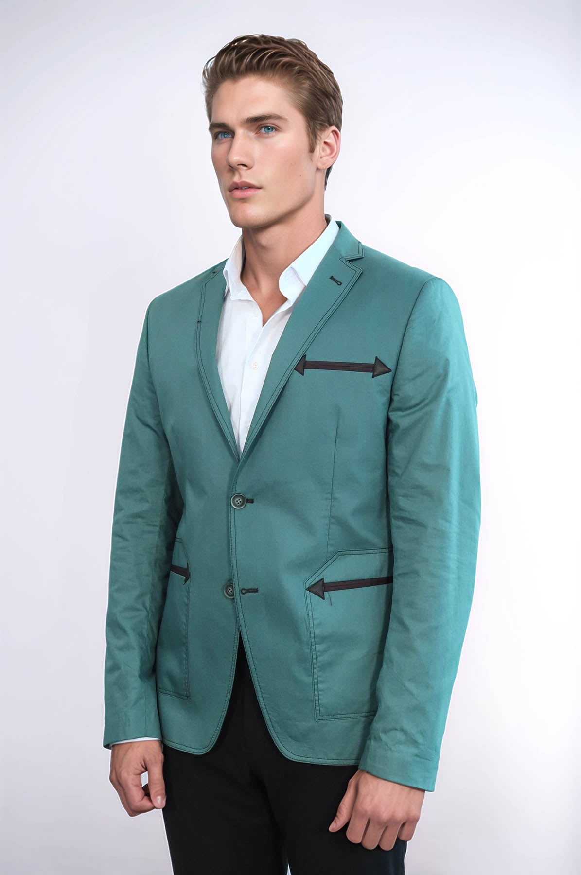 Double Button Mono Lapel Bag Pocket Cotton Green Jacket – side view
