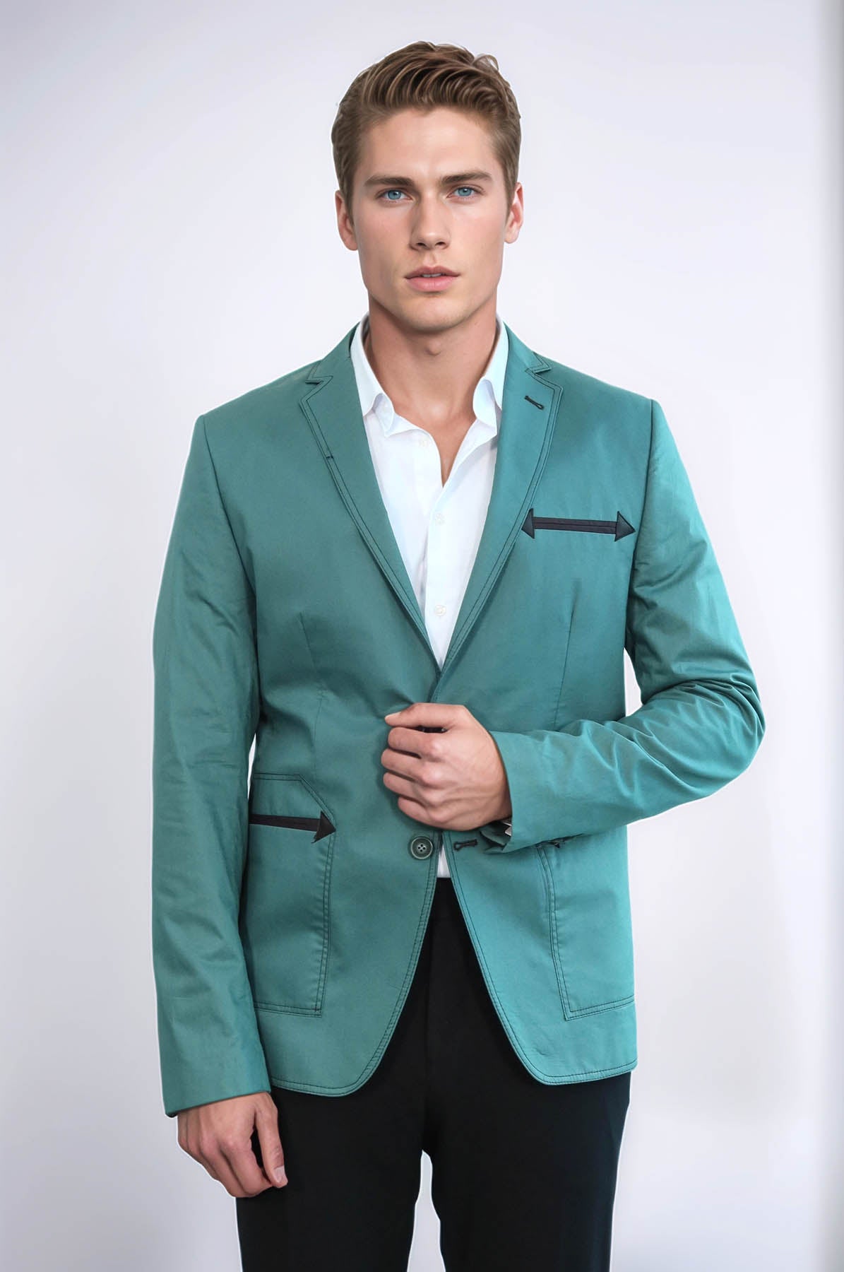 Double Button Mono Lapel Bag Pocket Cotton Green Jacket – styled view