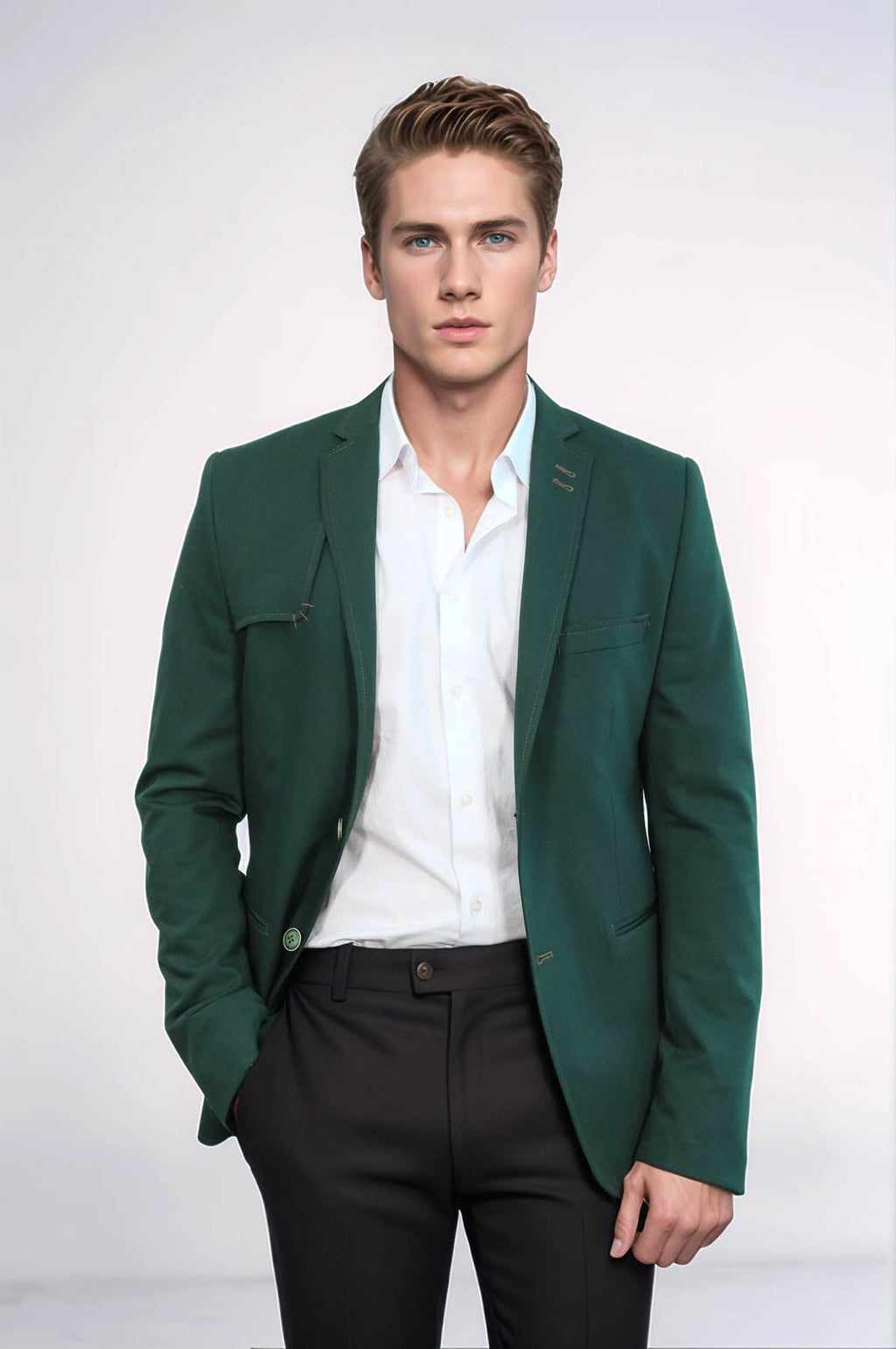 Double Buttons Shoulder Piece Mono Lapel Green Jacket – front view