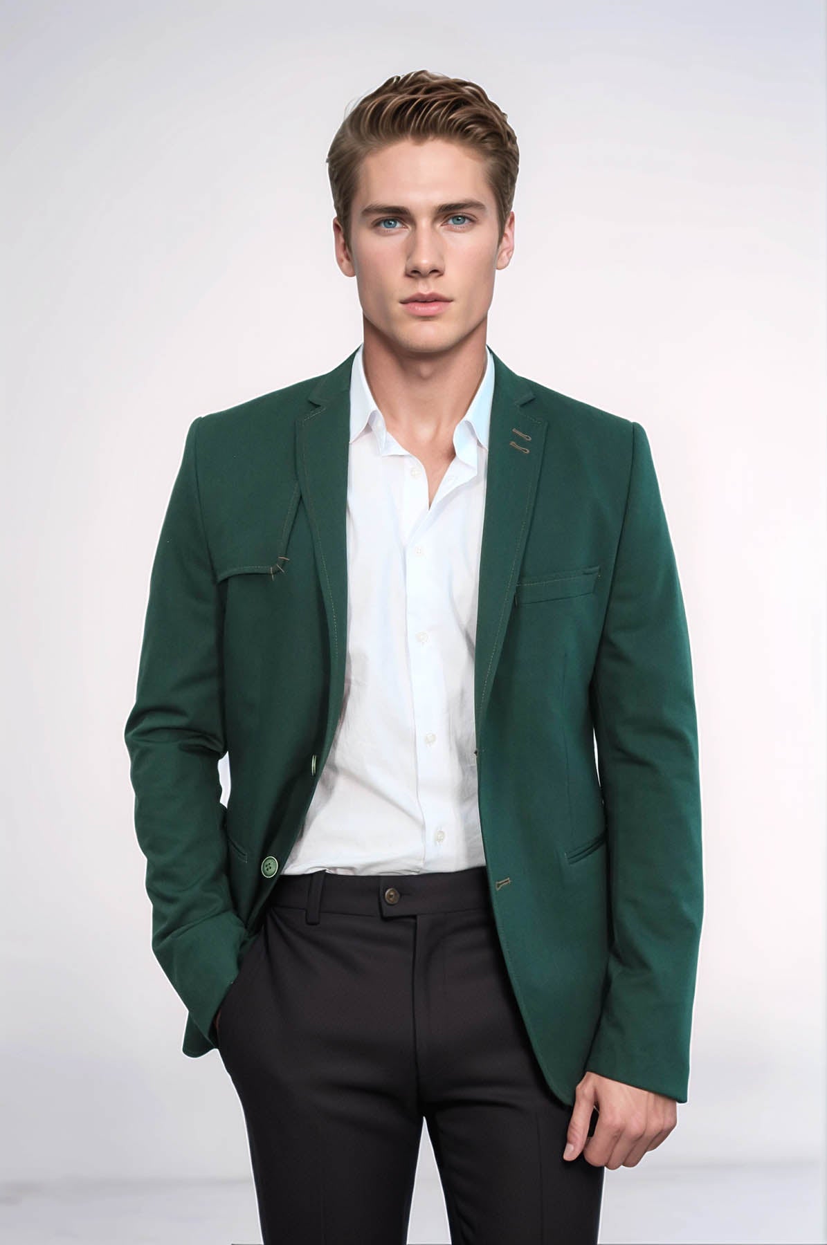 Double Buttons Shoulder Piece Mono Lapel Green Jacket – front view