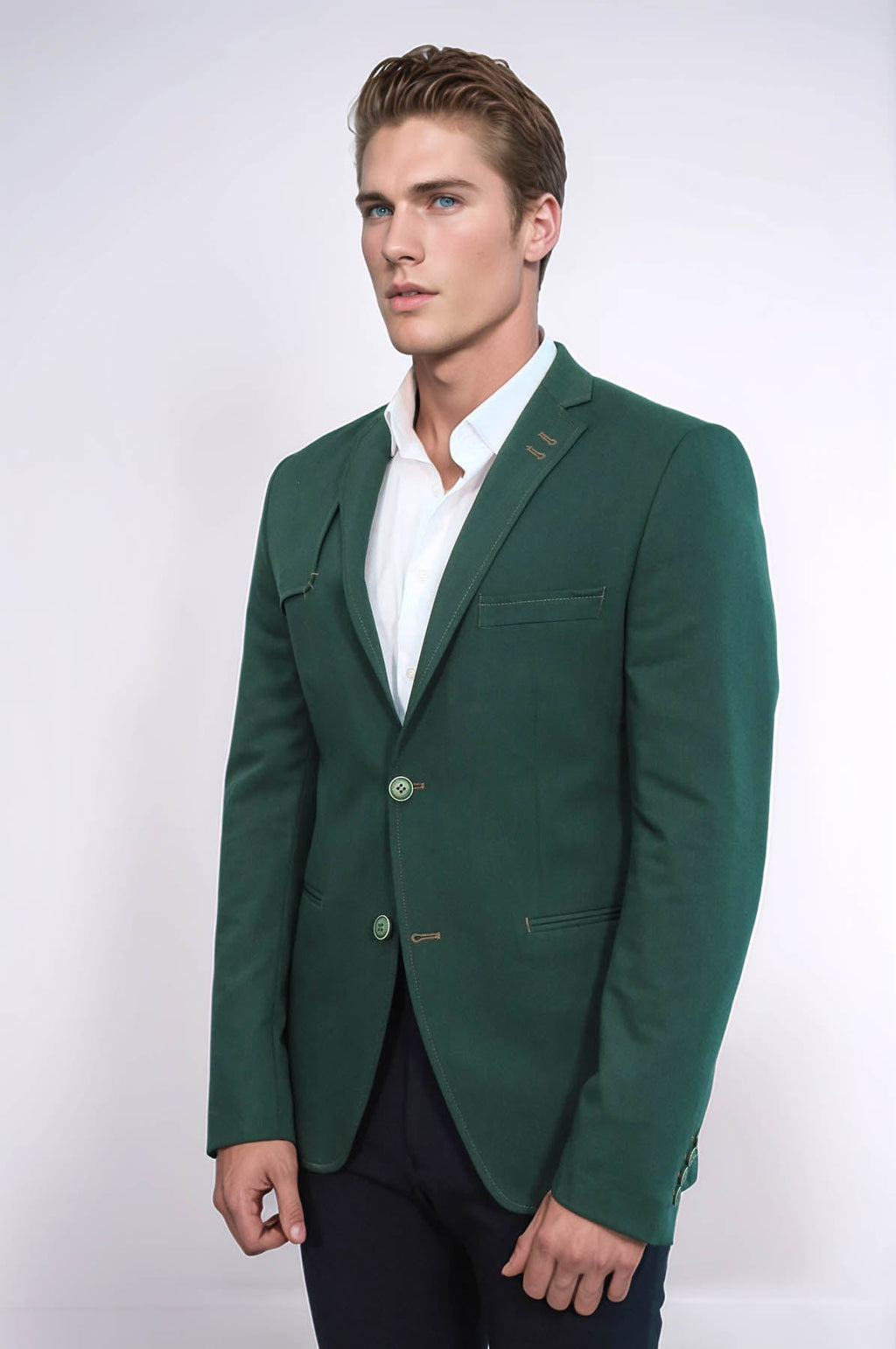 Double Buttons Shoulder Piece Mono Lapel Green Jacket – side view
