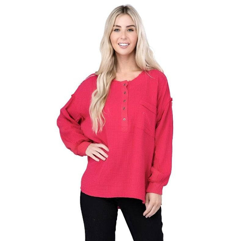 Double Gauze Oversized 3/4 Button Henley Neck Top - VacationGrabs