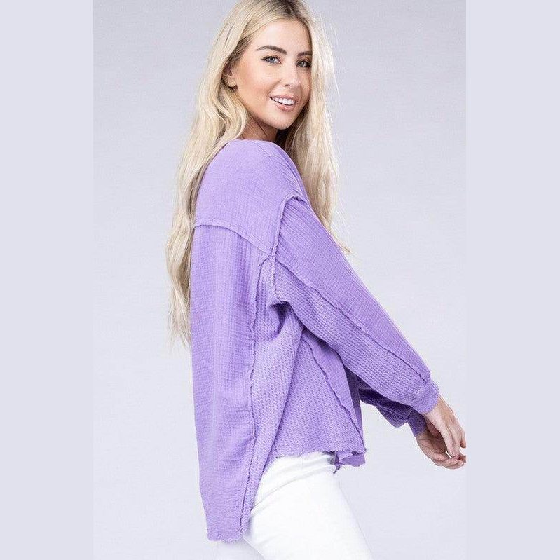 Double Gauze Oversized 3/4 Button Henley Neck Top - VacationGrabs
