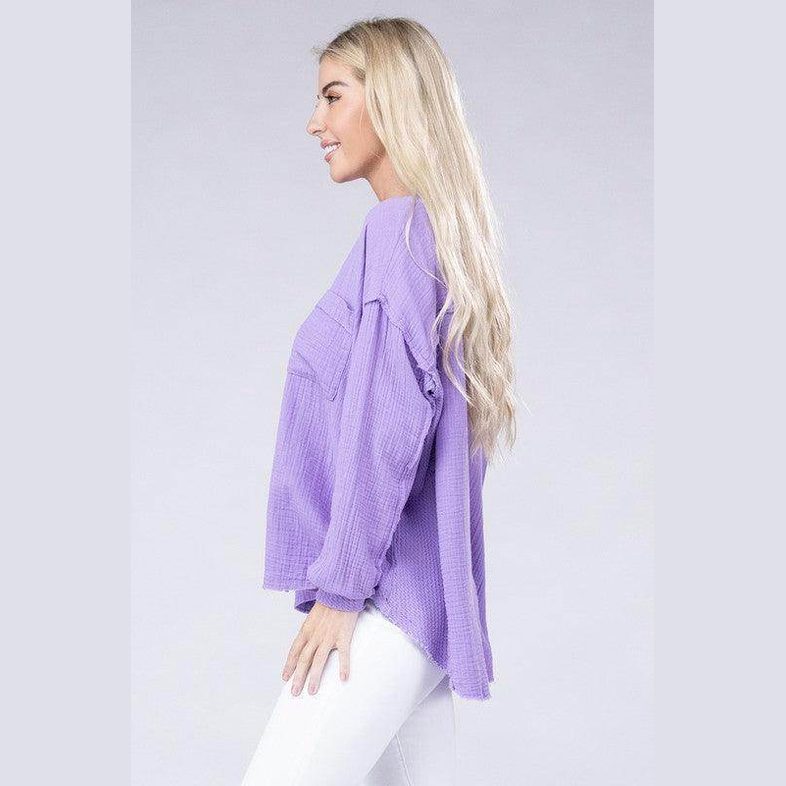 Double Gauze Oversized 3/4 Button Henley Neck Top - VacationGrabs