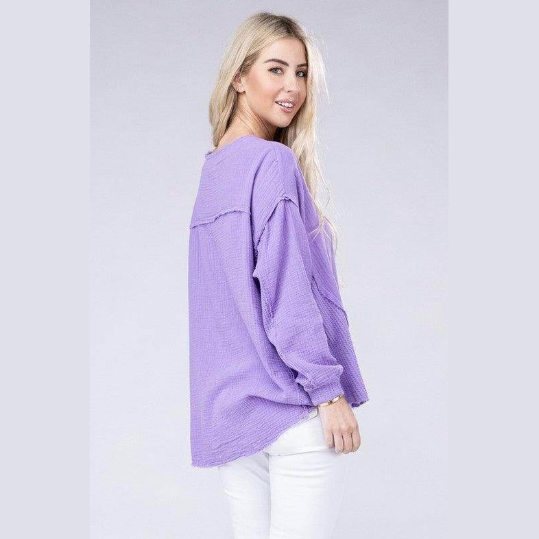 Double Gauze Oversized 3/4 Button Henley Neck Top - VacationGrabs