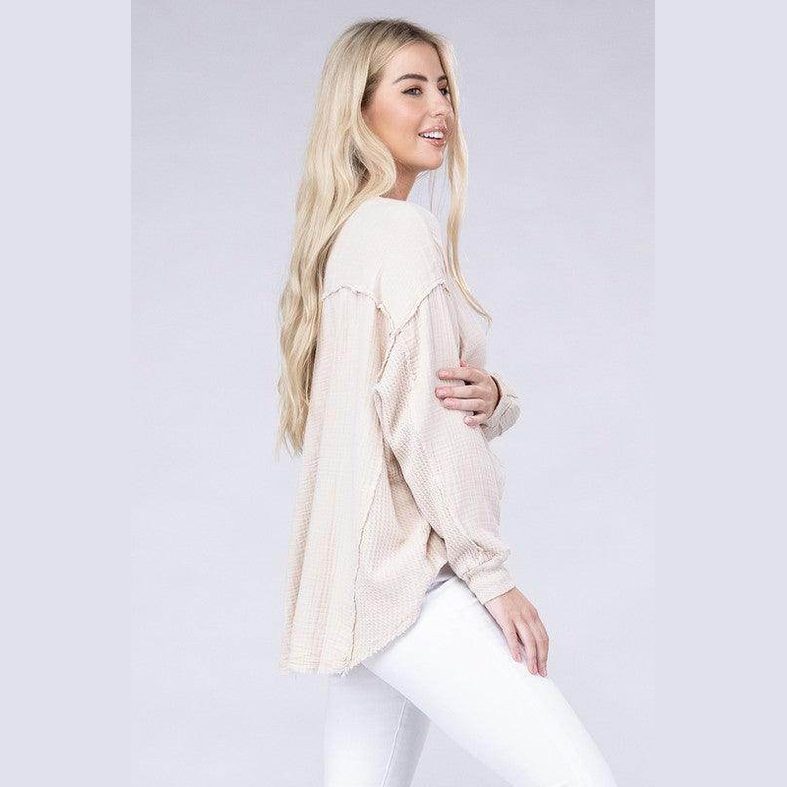 Double Gauze Oversized 3/4 Button Henley Neck Top - VacationGrabs