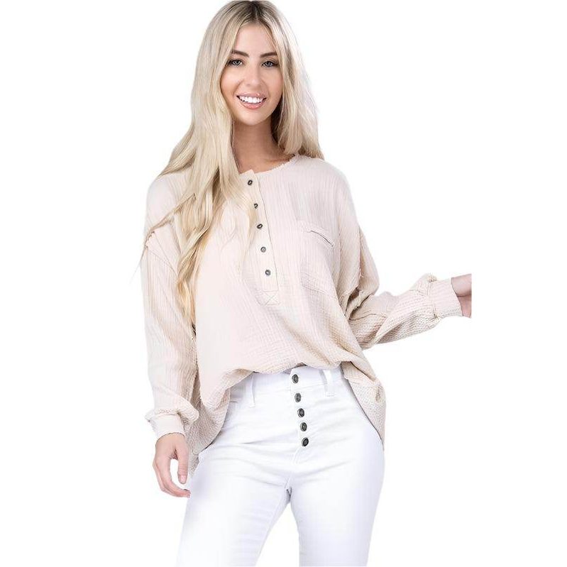 Double Gauze Oversized 3/4 Button Henley Neck Top - VacationGrabs