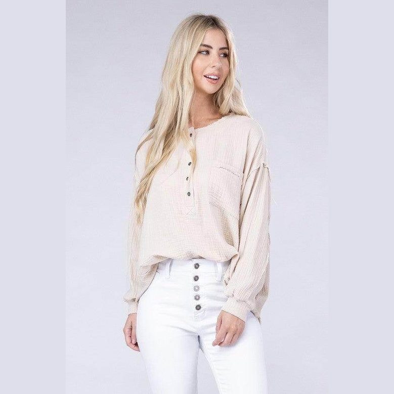 Double Gauze Oversized 3/4 Button Henley Neck Top - VacationGrabs