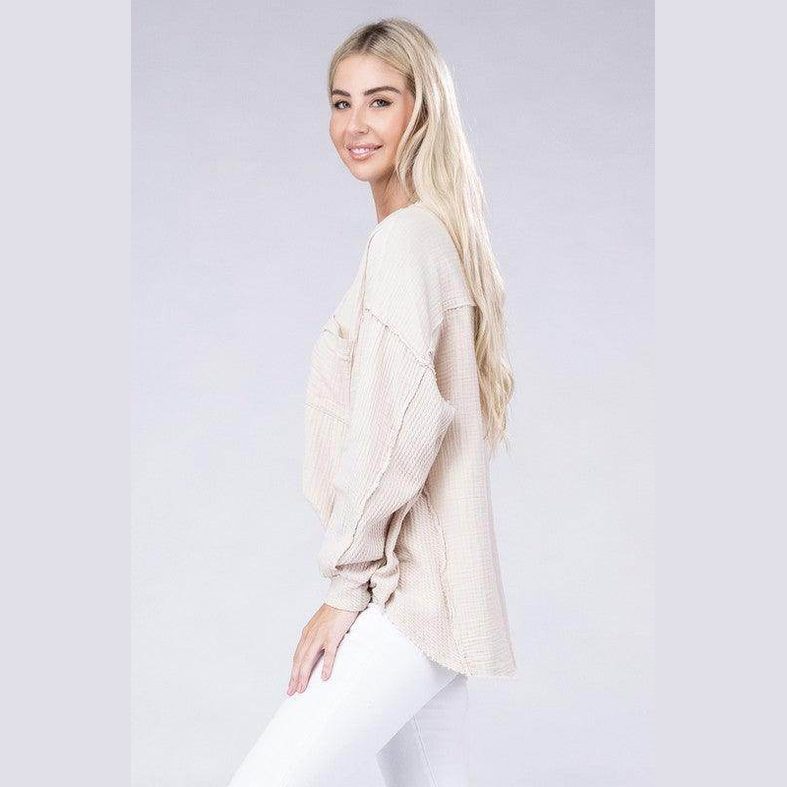 Double Gauze Oversized 3/4 Button Henley Neck Top - VacationGrabs