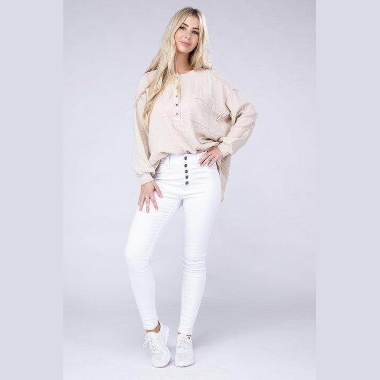 Double Gauze Oversized 3/4 Button Henley Neck Top - VacationGrabs