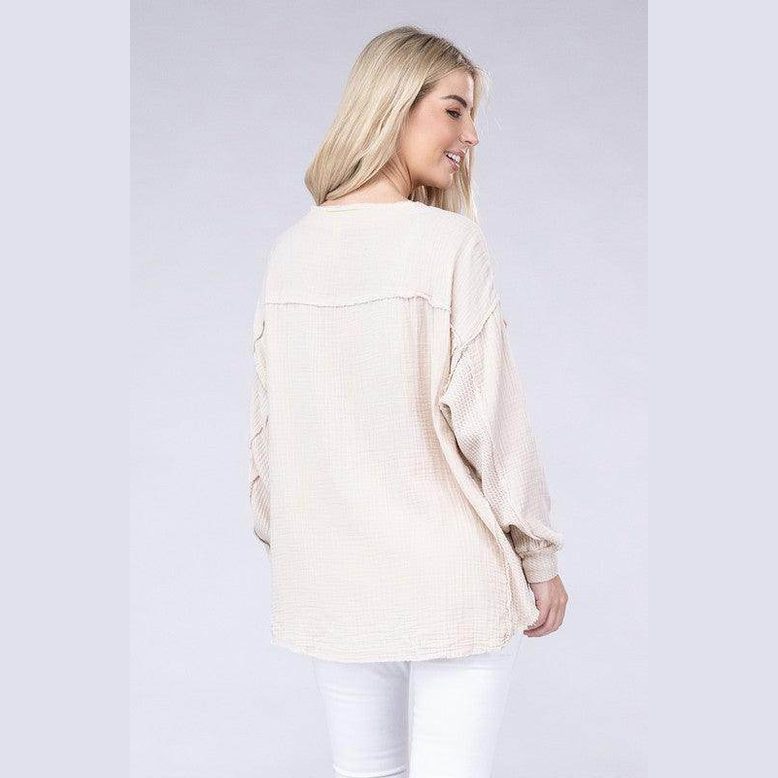 Double Gauze Oversized 3/4 Button Henley Neck Top - VacationGrabs