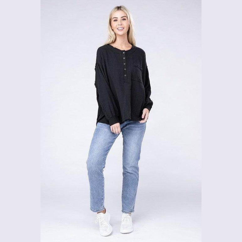 Double Gauze Oversized 3/4 Button Henley Neck Top - VacationGrabs
