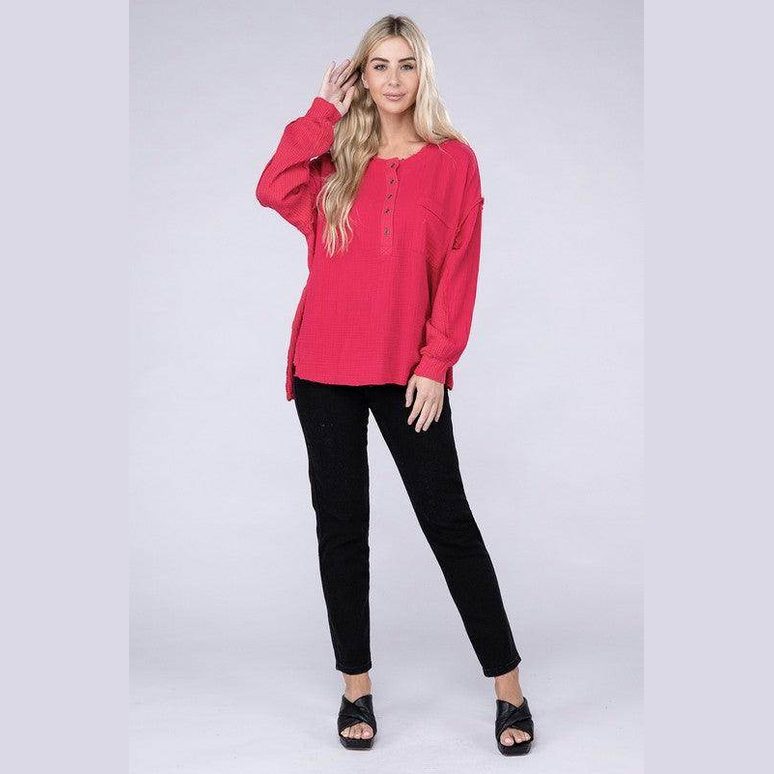 Double Gauze Oversized 3/4 Button Henley Neck Top - VacationGrabs