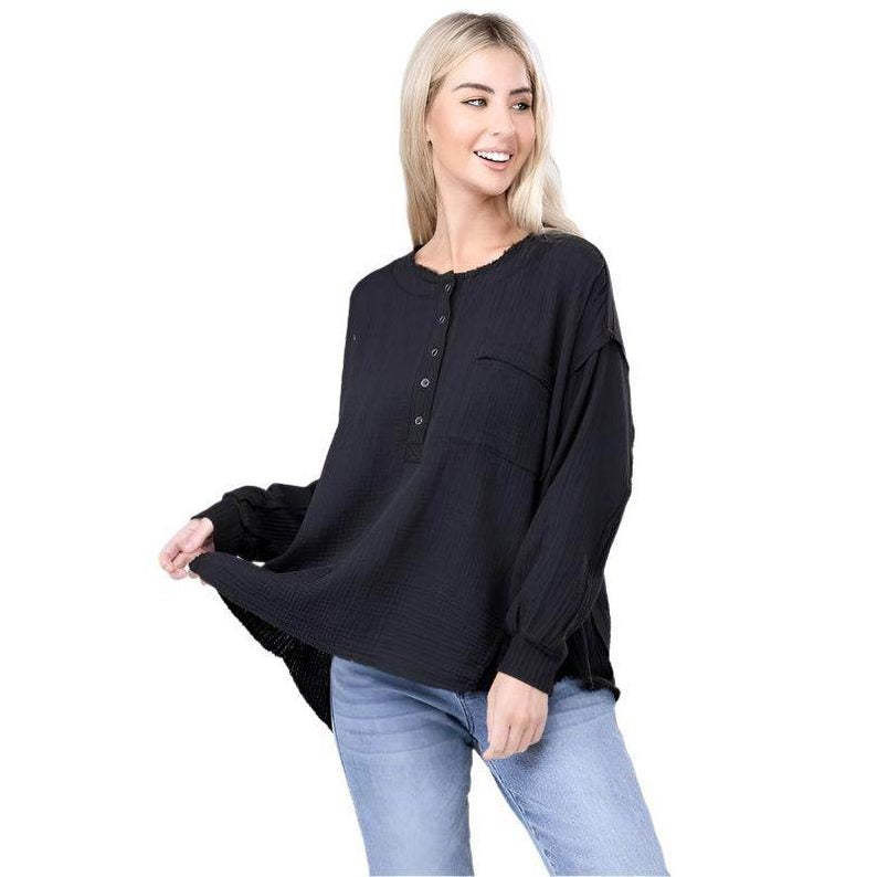 Double Gauze Oversized 3/4 Button Henley Neck Top - VacationGrabs