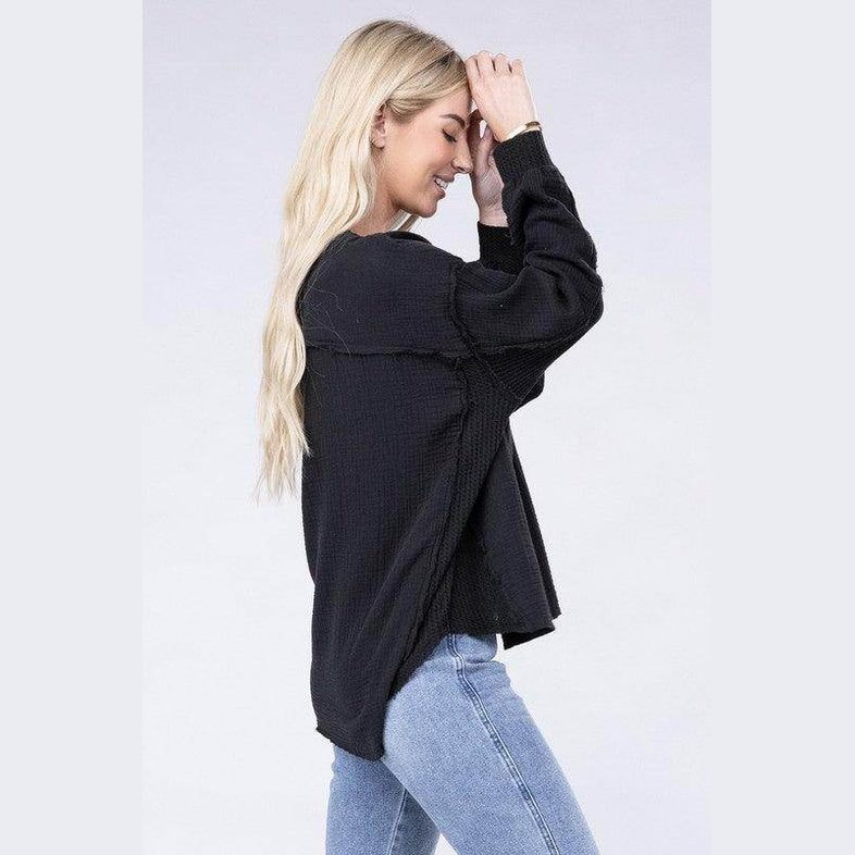 Double Gauze Oversized 3/4 Button Henley Neck Top - VacationGrabs