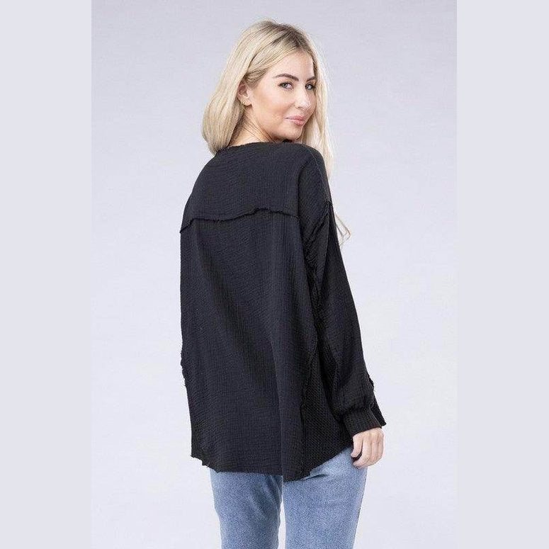 Double Gauze Oversized 3/4 Button Henley Neck Top - VacationGrabs