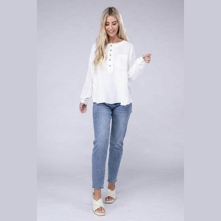 Double Gauze Oversized 3/4 Button Henley Neck Top - VacationGrabs