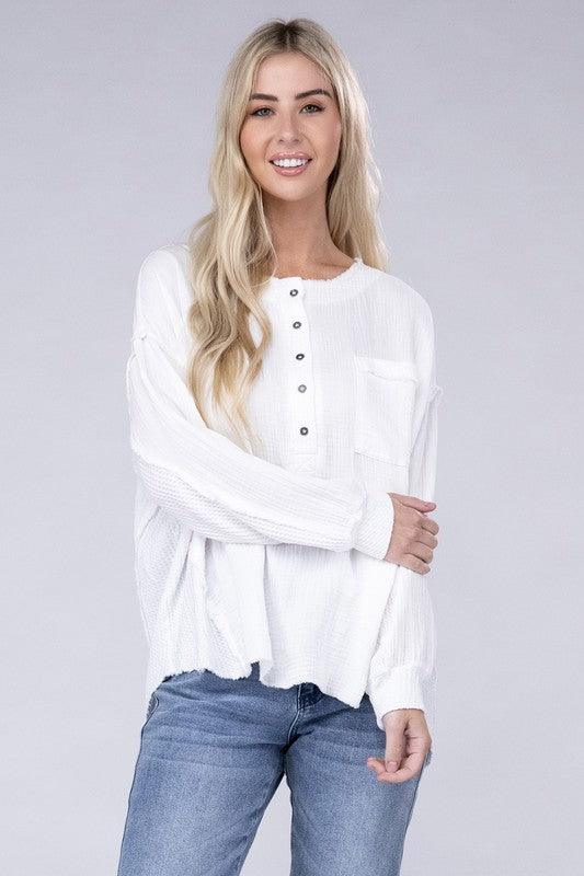 Double Gauze Oversized 3/4 Button Henley Neck Top – VacationGrabs