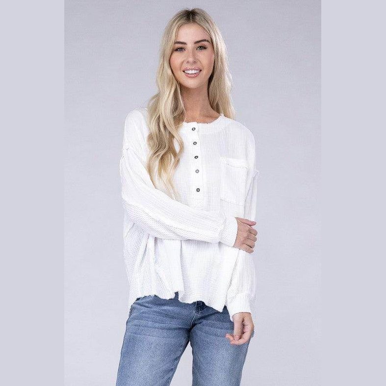 Double Gauze Oversized 3/4 Button Henley Neck Top - VacationGrabs