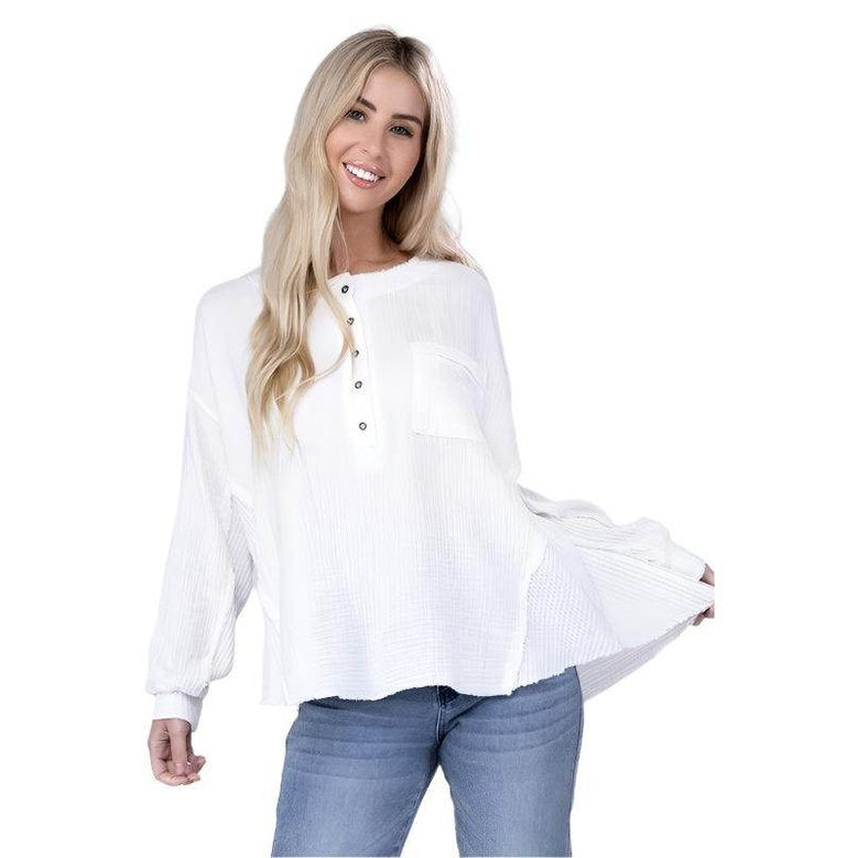 Double Gauze Oversized 3/4 Button Henley Neck Top - VacationGrabs