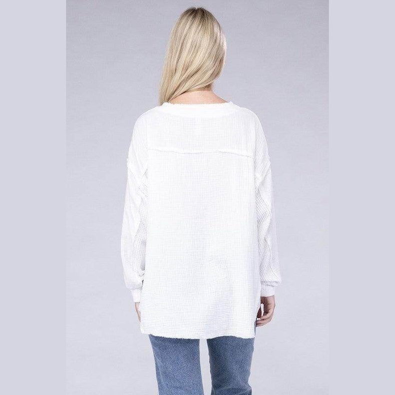 Double Gauze Oversized 3/4 Button Henley Neck Top - VacationGrabs