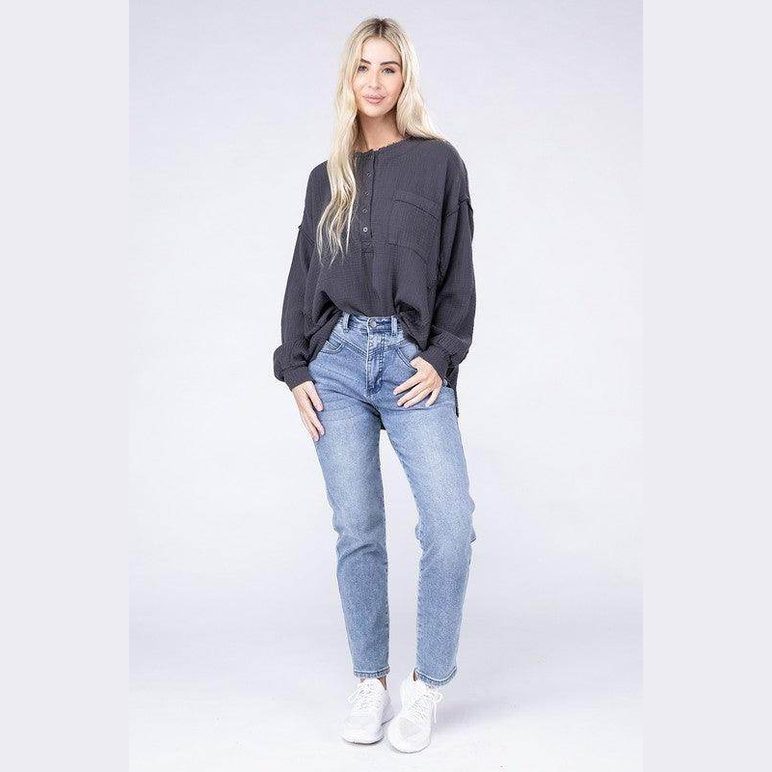 Double Gauze Oversized 3/4 Button Henley Neck Top - VacationGrabs